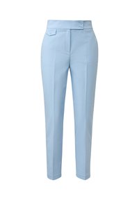 Light blue trousers with a tailored fit, featuring a high waistband, two buttons, and flat front pleats. Smooth fabric with no visible patterns.