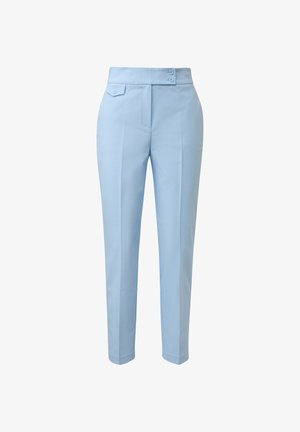 Lichtblauwe broek met een getailleerde pasvorm, voorzien van een hoge tailleband, twee knopen en platte plooien aan de voorkant. Gladde stof zonder zichtbare patronen.
