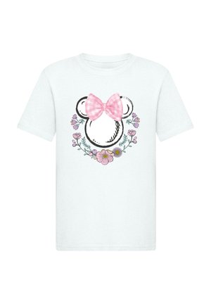 Biała bawełniana koszulka z czarnym konturowym rysunkiem twarzy niedźwiedzia, ozdobiona różową kokardą w kratkę i kwiecistymi akcentami.