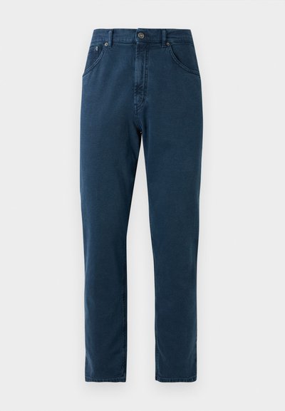 Marineblå, rette jeans med frontknapper, beltehemper, og synlige sømmer på lommer og sømmer.