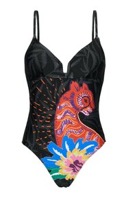 Zwarte éénpiece badpak met een kleurrijk zeepaard en bloempatroon, verstelbare dunne bandjes en een diepe V-hals.