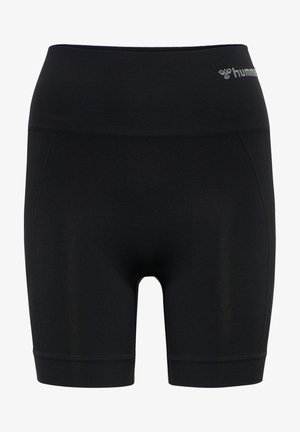 Sorte atletiske shorts med højt talje, lavet af strækbart materiale, der har en glat overflade og diskret branding ved taljen.