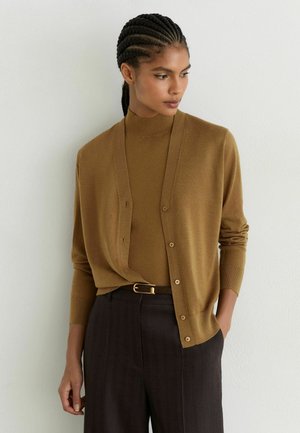Mujer con el cabello trenzado, que lleva un cárdigan marrón sobre un jersey de cuello alto a juego y pantalones oscuros de talle alto, de pie frente a una pared blanca.