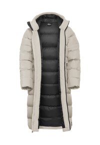 Pufferjack met een lichtbeige buitenkant en een zwarte binnenkant. Heeft een lange ontwerp, grote capuchon en een gewatteerde textuur. Volledige ritssluiting aan de voorkant.