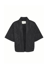 Sorte quilted kimono-style jakke med korte ærmer, åben front og en glat tekstur, der har et diamantmønster på stoffet.