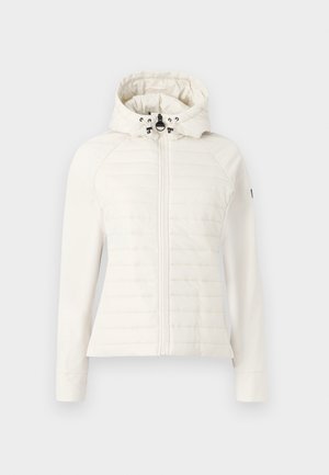 White zip-up jacket with a quilted design and hood. Features a drawstring at the hood and fitted sleeves. Smooth texture, minimalist style.
