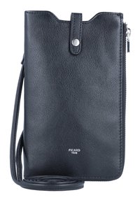 Pochette en cuir noir à porter en travers, avec surface texturée, fermeture à bouton-pression sur le dessus, zip sur le côté et sangle ajustable. Présente un branding discret.