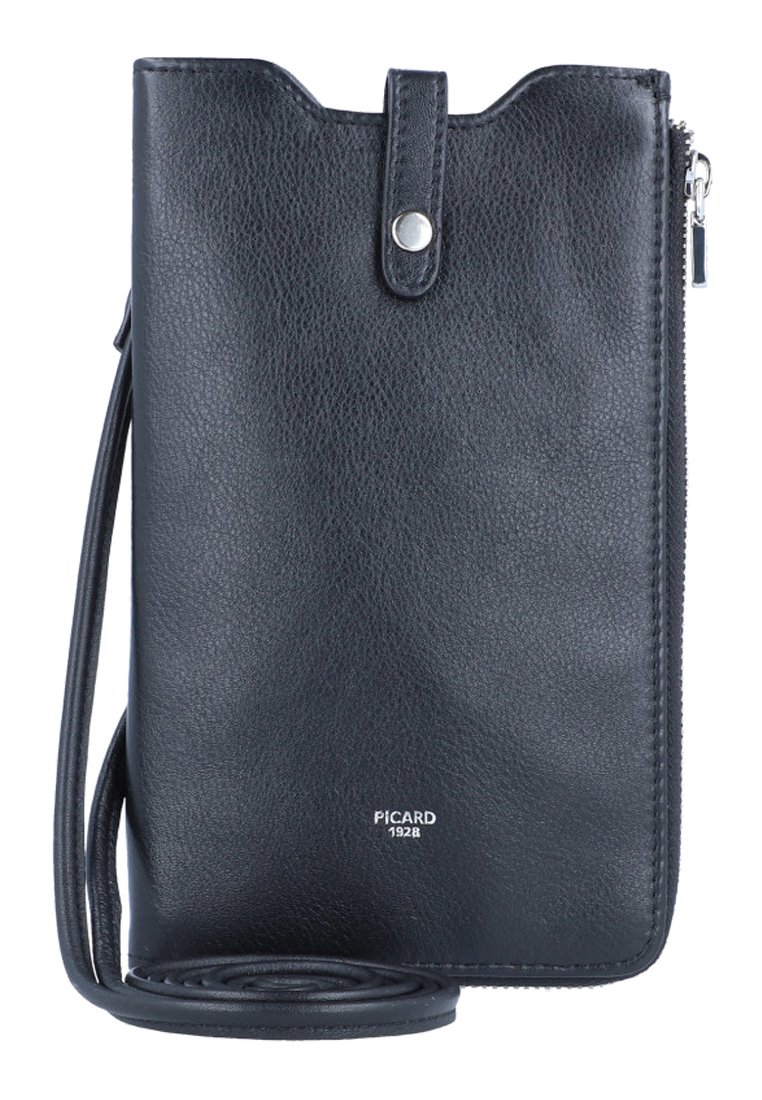 Pochette en cuir noir à porter en travers, avec surface texturée, fermeture à bouton-pression sur le dessus, zip sur le côté et sangle ajustable. Présente un branding discret.
