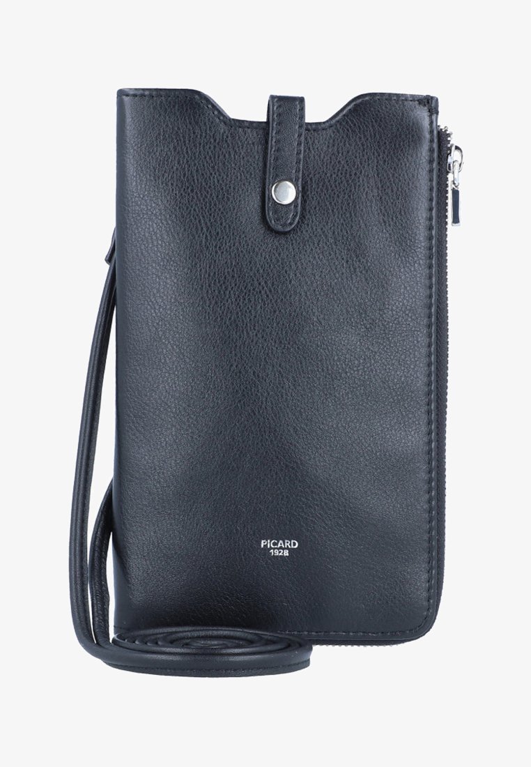 Pochette en cuir noir à porter en travers, avec surface texturée, fermeture à bouton-pression sur le dessus, zip sur le côté et sangle ajustable. Présente un branding discret.