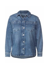 Denimtakki keskisinisessä värissä. Ominaisuuksiin kuuluu klassinen kaulus, napitettava etuosa, kaksi rintataskua ja pitkät hihat nappimanseteilla.