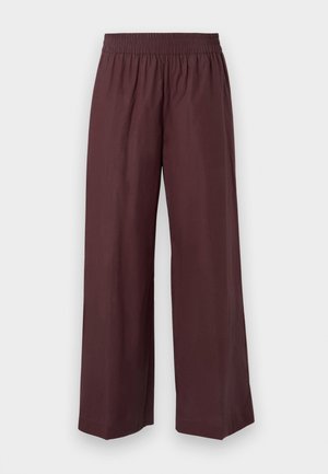 Pantalon bordeaux à jambes larges en tissu léger, doté d'une ceinture élastique et de coutures nettes et simples sans motifs supplémentaires.