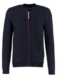 Marinblå zip-up tröja med ribbad struktur, rund halsringning och kontrasterande brun detalj på dragkedjan. Framsidan och baksidan är enhetliga.