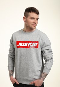 Šedá mikina vyrobená z bavlněné směsi s dlouhými rukávy, která má výrazný červený potisk s nápisem "ALLEYCAT" v bílém, texturovaném písmu.