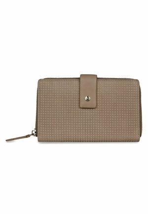 Beige strukturierte Geldbörse mit Druckknopfverschluss und Reißverschlussfach, rechteckige Form und kleines Metall-Logodetail.