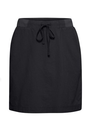 Sort nederdel til knæene med elastisk taljebånd og snøre foran, med sidelommer og en lige kant.