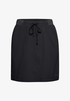 Schwarzer knielanger Rock mit elastischem Bund und vorderem Kordelzug, mit Seitentaschen und geradem Saum.