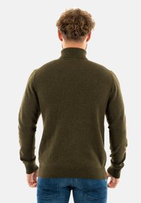 Pull à col roulé vert olive en laine douce, avec des poignets et un ourlet côtelés, au design ajusté et à la finition soignée.