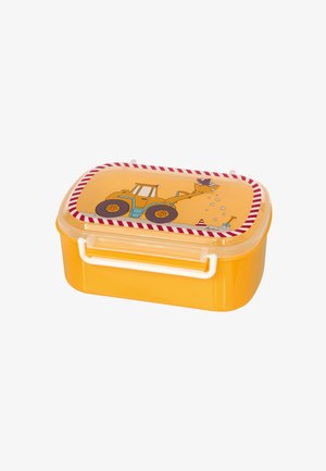 Yellow plastic lunch box with a clear lid featuring a tractor design and white and red striped accents. Rectangular shape with a secure clasp.