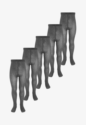 Graue Strumpfhosen aus weichem, strukturiertem Strickmaterial. Mit einem gerippten Bund und tapered Beinen. Fünf Paare in einer Reihe präsentiert.