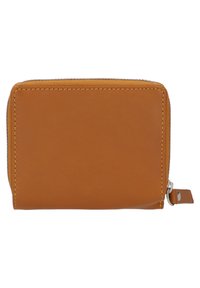 Brown leather wallet with a smooth texture, zip closure, and contrasting yellow stitching along the edges. Compact rectangular design.