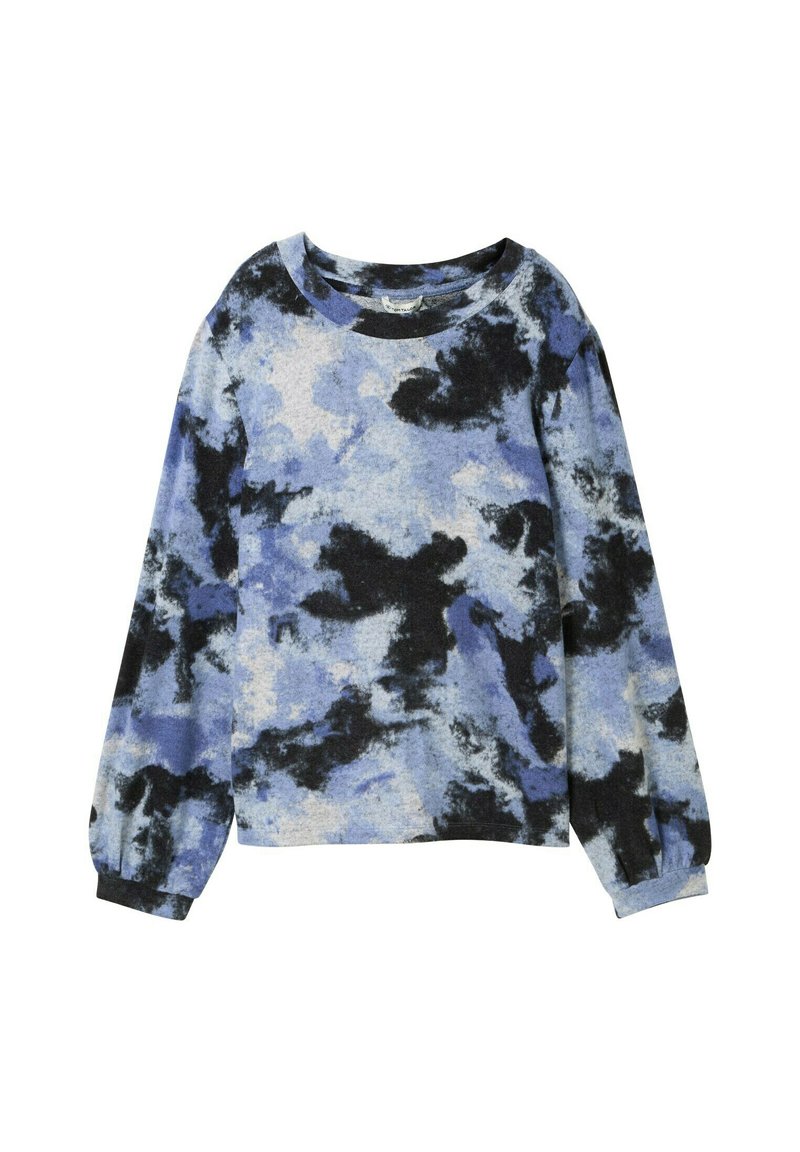 Blau- und schwarz gemusterter Pullover mit langen Ärmeln, runder Halsausschnitt, weicher Textur und elastischen Bündchen. Leichtes Material.