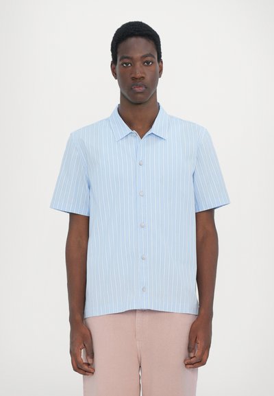 Light blue short-sleeve shirt featuring vertical white stripes, a point collar, and front buttons, crafted from a smooth fabric.