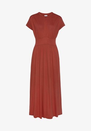 Maxikleid aus rostfarbenem Stoff, mit kurzen Ärmeln, tailliertem Oberteil und plissiertem Rock. Weiche Textur und runder Ausschnitt.