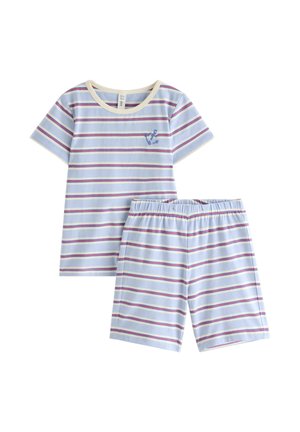Børns lyseblå kortærmede skjorte og shorts sæt med horisontale pink, blå og hvide striber og en ankeremblem på skjortens bryst.