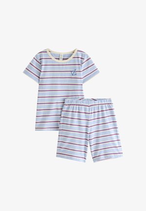 Lichtblauw kinderhemd met korte mouwen en korte broek met horizontale roze, blauwe en witte strepen en een ankerembleem op de borst van het hemd.