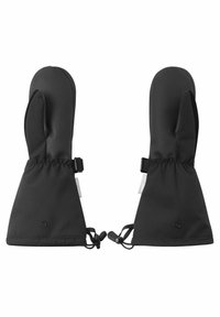 Schwarze Handschuhe mit einer glatten, wasserdichten Oberfläche, verstellbaren Handgelenksverschlüssen und elastischen Bündchen für einen sicheren Sitz. Weiche Fütterung nicht sichtbar.