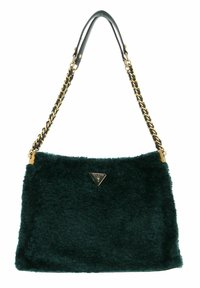 Borsa in pelliccia sintetica di colore verde scuro, di forma rettangolare, con tracolla in catena dorata e un logo triangolare lucido sul davanti.