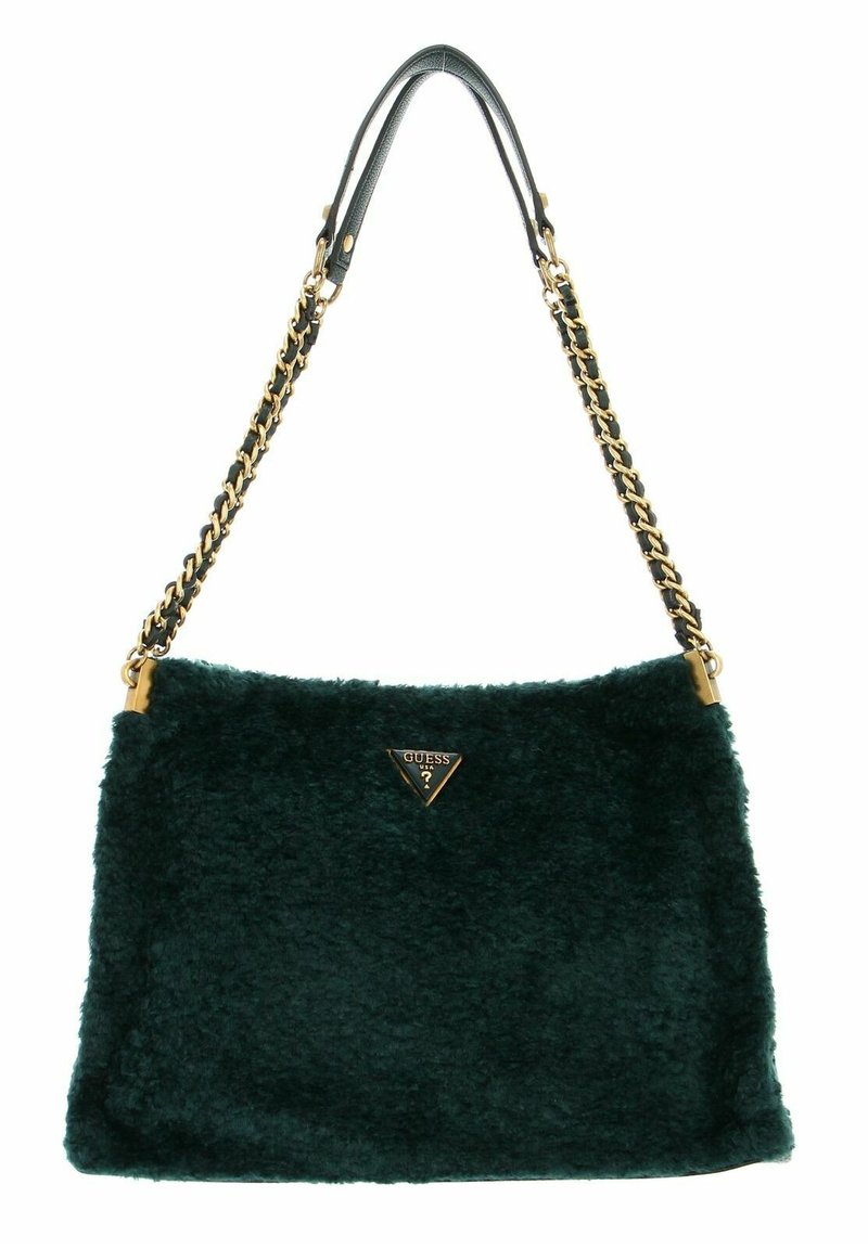 Borsa in pelliccia sintetica di colore verde scuro, di forma rettangolare, con tracolla in catena dorata e un logo triangolare lucido sul davanti.