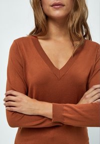 Verbrannt orange gestrickter Pullover mit V-Ausschnitt, langen Ärmeln und gerippten Bündchen. Weiche Textur mit tailliertem Design.