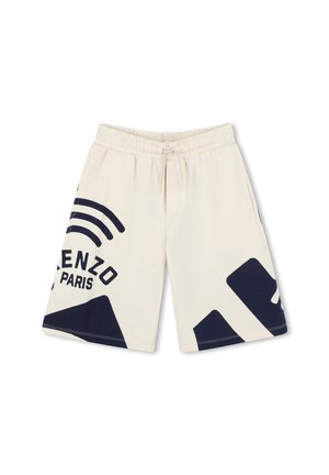 Pantaloni corti color crema con vita elasticizzata e cordoncino. Presentano un marchio blu navy e motivi geometrici sui lati.