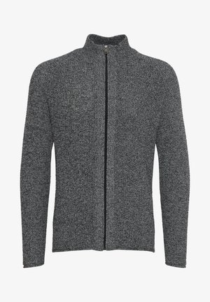 Herres zip-up genser i en teksturert grå strikk, med lange ermer og en høy krage med svart glidelås. Mykt, koselig materiale.