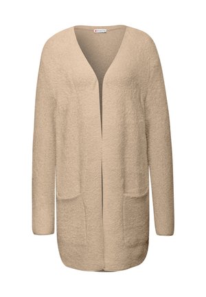 Beige lang cardigan med V-hals, to forlommer og et blødt, struktureret stof. Åben front og lange ærmer.