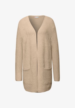 Beige langer Cardigan mit V-Ausschnitt, zwei vorderen Taschen und einem weichen, strukturierten Stoff. Offene Front und Ärmel in voller Länge.