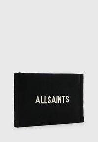 Sacco in tessuto nero di forma rettangolare, con il nome del marchio "ALLSAINTS" in lettere bianche sul fronte.