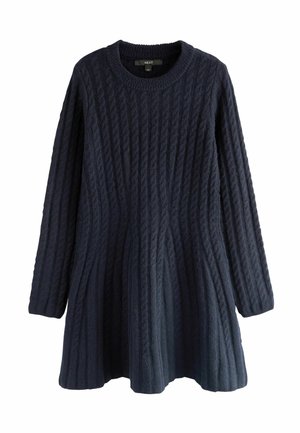 Rochie tricotată în nuanță de bleumarin, cu gât rotund și mâneci lungi. Design cu tiv evazat, suprafață texturată și detalii ribelate pe tot parcursul.