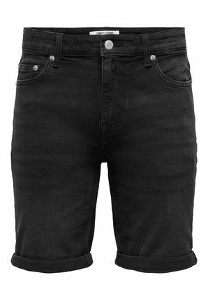 Short en jean noir à revers, fermeture avant par bouton et zip, cinq poches, présenté de face sur fond blanc.