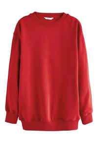 Röd pullover-tröja med rund hals, ribbade ärmslut och fåll. Tillverkad av mjukt tyg med en slät textur och har en avslappnad passform.