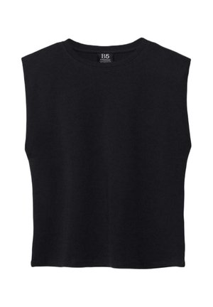 Czarny bezrękawnik z okrągłym dekoltem, prostym dołem oraz metką marki B5 umieszczoną na wewnętrznej części kołnierza z tyłu.
