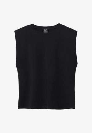 Czarny bezrękawnik z okrągłym dekoltem, prostym dołem oraz metką marki B5 umieszczoną na wewnętrznej części kołnierza z tyłu.