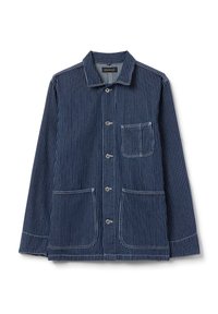 Dark blue corduroy jacket with vertical white stripes, featuring a collared neck, button closure, and two front pockets.