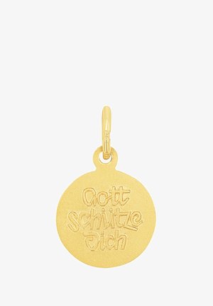 Colgante circular de oro con texto en relieve "Gott schütze dich." Presenta un acabado suave y mate, y un lazo seguro para su sujeción.