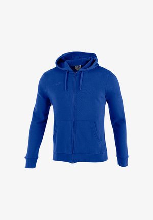 Blauer Kapuzenpullover mit Reißverschluss vorne, Taschen und Kordelzug an der Kapuze, dargestellt auf weißem Hintergrund.