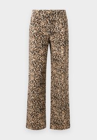 Hlače širokih nogavica s leopard uzorkom u bež i crnoj boji. Tkanina od pamuka s glatkom teksturom, s visokim strukom i bez vidljivih hardverskih elemenata.