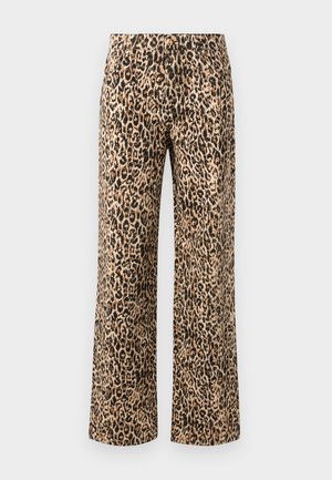 Leopard print wide-leg trousers in beige and black. Cotton blend fabric with a smooth texture, featuring a high waist design and no visible hardware.