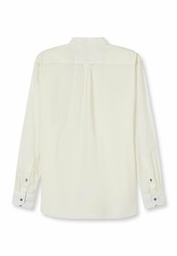 Helles cremefarbenes Langarmhemd mit einer Rückenpasse mit Falte, geknöpften Manschetten und kontrastierenden blauen Akzenten an den Ärmelausschnitten. Weiche Stofftextur.