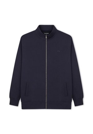 Granatowa bluza na zamek z wysokim kołnierzem, dwoma przednimi kieszeniami, ściągaczami na mankietach i dole, z małym logo na piersi.